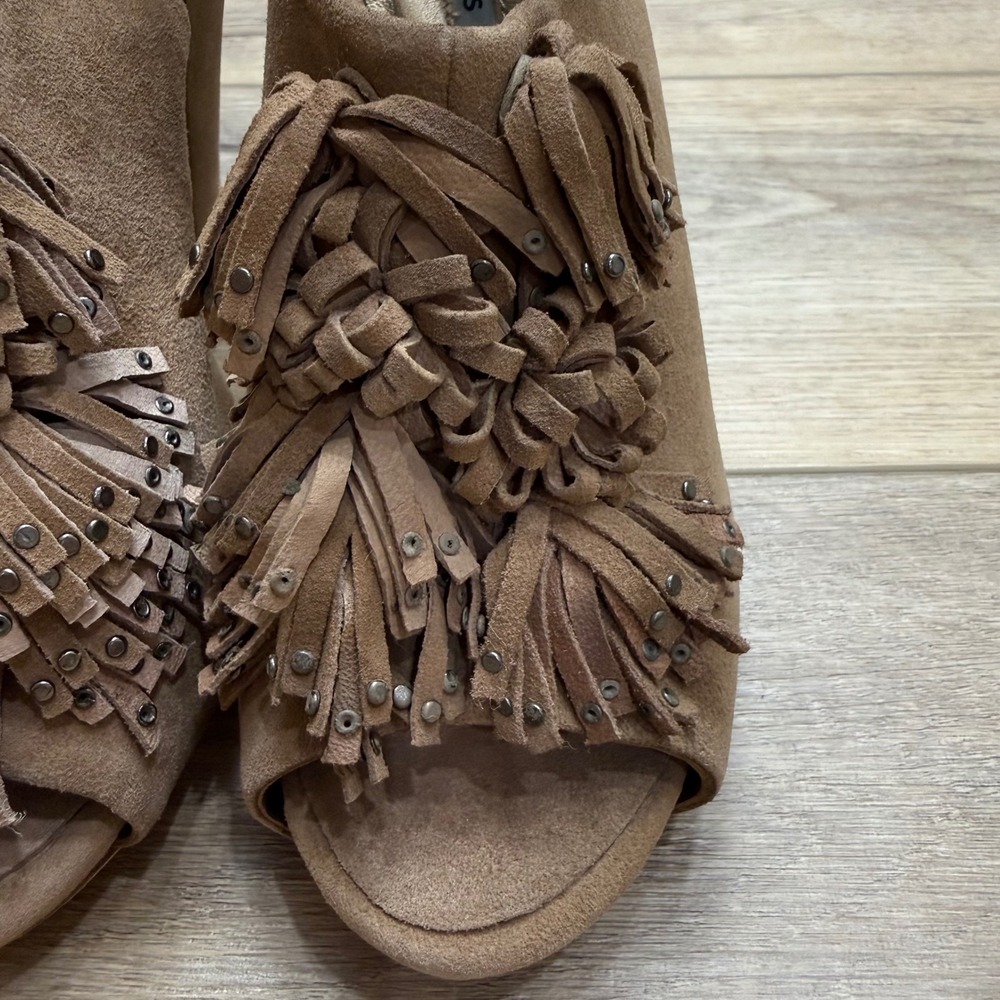 Reed Evins Suede Studded Fringe Slingback PeepToe Heels Boho Coastal Cowgirl 8.5 - Picture 5 of 11